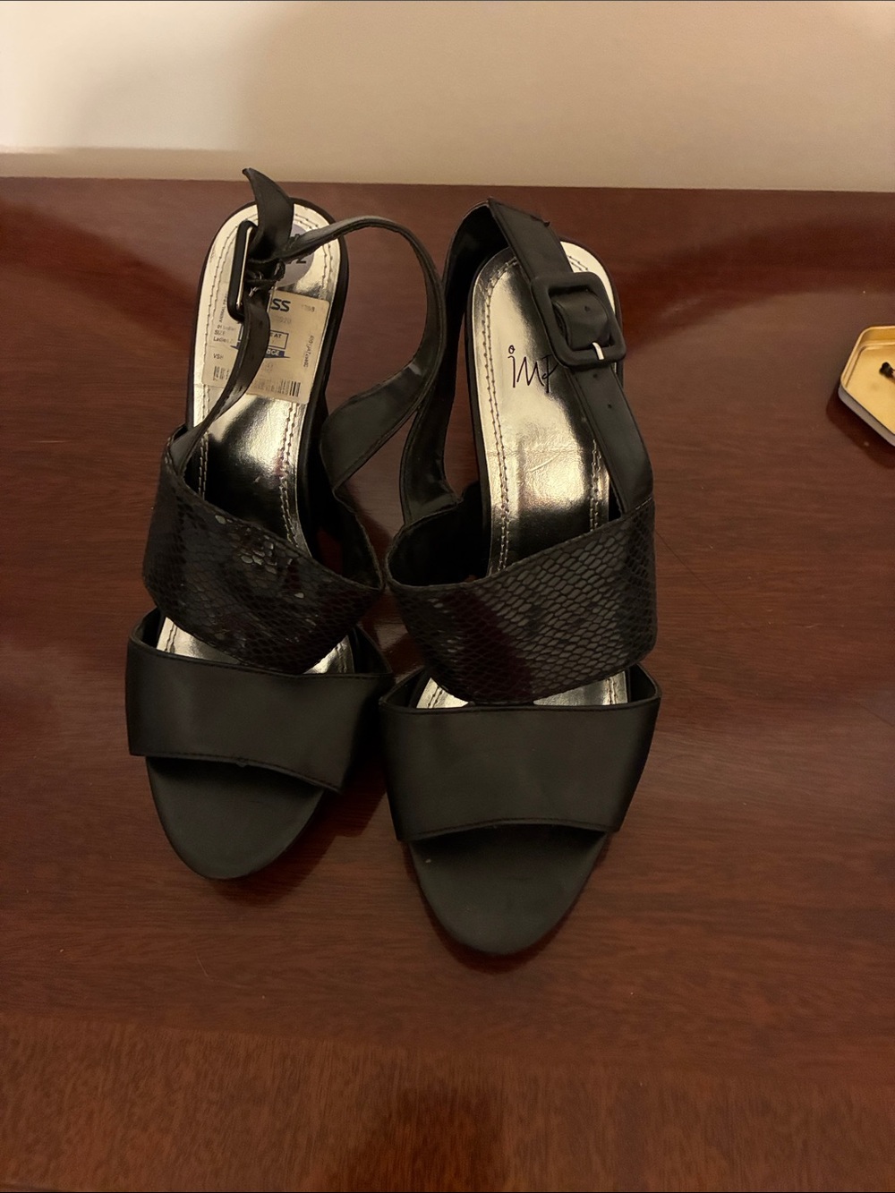 Impo Black Textured-Strap Slingback Heels